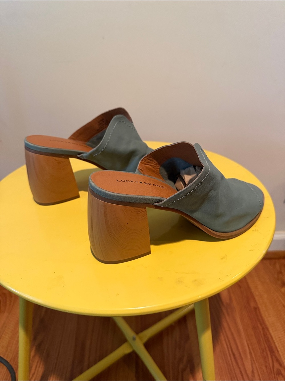 Lucky Brand Bluish Green/Sage Leather Block Heel Mules
